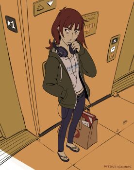 Rule 34 | 1girl, artist name, bag, black eyes, blunt bangs, brown hair, clothes writing, elevator door, flip-flops, freckles, green hoodie, hand in pocket, headphones, headphones around neck, highres, hitsuji (hitsujigoods), hood, hoodie, kara eklund, looking to the side, neet girl date night, open clothes, open hoodie, paper bag, sandals, shirt, solo, white shirt