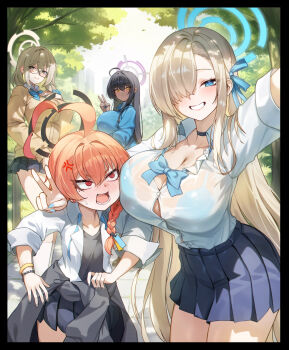4girls absurdres ahoge akane_(blue_archive) akane_(school_uniform)_(blue_archive) anger_vein asuna_(blue_archive) asuna_(school_uniform)_(blue_archive) asymmetrical_bangs black_hair black_jacket black_shirt black_skirt blonde_hair blue_archive blue_bra blue_eyes blue_ribbon blue_sweater blush bow bowtie bra braid bralines breasts brown_eyes brown_hair brown_sweater choker cleavage clothes_around_waist collared_shirt dark-skinned_female dark_skin dress_shirt glasses grin hair_between_eyes hair_ornament hair_over_one_eye hair_ribbon hair_scrunchie halo highres huge_ahoge jacket jacket_around_waist karin_(blue_archive) karin_(school_uniform)_(blue_archive) large_breasts long_hair long_sleeves looking_at_viewer mole mole_under_eye morung multiple_girls neru_(blue_archive) neru_(school_uniform)_(blue_archive) open_mouth orange_hair pleated_skirt red_eyes ribbon scrunchie see-through_clothes shirt short_hair side_braid skirt sleeves_rolled_up small_breasts smile sweater tag thighs underwear very_long_hair white_shirt wrist_scrunchie yellow_eyes