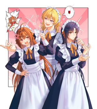 1girl 2boys absurdres ahoge alternate_costume alternate_hairstyle anger_vein apron black_dress black_hair blonde_hair brown_hair commentary crossdressing crossdressing_(mtf) dress eiyuu_densetsu enmaided estelle_bright hair_ribbon hand_on_another's_shoulder hand_on_own_hip hand_up highres index_finger_raised joshua_bright juliet_sleeves kernel_killer long_hair long_sleeves maid maid_apron maid_headdress matching_outfits multiple_boys neck_ribbon olivert_reise_arnor open_mouth orange_ribbon outside_border parted_lips pink_background puffy_sleeves purple_eyes red_eyes ribbon sora_no_kiseki speech_bubble spoken_character spoken_symbol symbol-only_commentary very_long_hair white_apron yellow_eyes