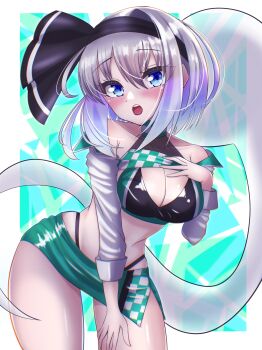 absurdres blue_eyes breasts cleavage green_skirt grey_hair hairband halterneck highleg highleg_panties highres kate_(iloveyorm) konpaku_youmu large_breasts long_sleeves medium_hair miniskirt open_mouth panties race_queen ribbon skirt touhou underwear