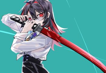1girl ahoge black_hair character_doll covered_mouth cowboy_shot doll dress_shirt enma-chan gawr_gura glasses glint green_background hair_between_eyes hair_intakes hands_up high-waist_shorts highres holding holding_sword holding_weapon hololive hololive_english id_card katana lanyard long_hair looking_at_viewer looking_over_eyewear looking_to_the_side multicolored_hair narrowed_eyes ninomae_ina'nis over_shoulder red_eyes red_hair red_sword shirt shorts simple_background sleeves_rolled_up solo sword sword_over_shoulder takodachi_(ninomae_ina'nis) two-tone_hair virtual_youtuber watson_amelia weapon weapon_over_shoulder white_shirt wolf25920441
