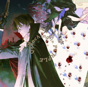 1boy 1girl ascot black_cape black_dress black_hat breasts brown_hair cape cleavage closed_mouth commentary cup dress drinking_glass english_commentary english_text genderswap genderswap_(mtf) gloves grey_gloves gun gundam gundam_00 handgun hat high_collar holding holding_gun holding_weapon huangdanlan lockon_stratos paw_print tieria_erde vampire_costume weapon white_ascot wine_glass witch_hat