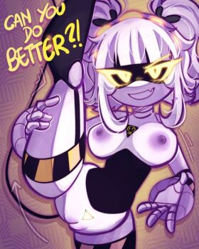 breasts dynamic_pose j_(murder_drones) mechanical_arms murder_drones non-web_source pussy robot short_twintails tail tsukyiio twintails white_background white_hair yellow_eyes