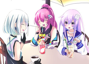 anri_(neptunia) back bare_shoulders breasts choker dress exited food glass hairband happy ice_cream laugthing long_hair maho_(neptunia) medium_breasts moya_44444 nepgear neptune_(series) open_mouth pink_hair ponytail purple_eyes purple_hair red_hair ribbon shirt short_hair small_breasts surprised table white_hair