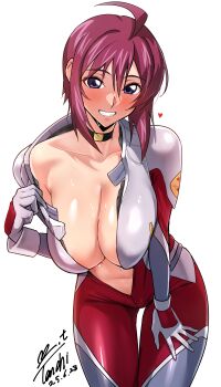 1girl absurdres black_choker blush bodysuit breasts choker cleavage collarbone commentary_request dated grey_bodysuit gundam gundam_seed gundam_seed_destiny highres large_breasts leaning_forward looking_at_viewer lunamaria_hawke mecha_pilot_suit multicolored_bodysuit navel normal_suit_(gundam) open_bodysuit open_clothes purple_eyes red_bodysuit red_hair short_hair signature simple_background smile solo stomach sweat white_background yoo_tenchi