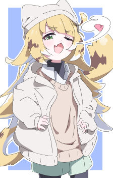 Rule 34 | 1girl, absurdres, alternate costume, animal ear fluff, animal ears, black pantyhose, blue background, blush, border, breath, brown sweater vest, colored inner hair, commentary request, cowboy shot, fang, green eyes, green shorts, hat, heart, highres, hutsugyou, jacket, ju fufu, looking at viewer, multicolored hair, one eye closed, open mouth, outside border, pantyhose, shirt, shorts, skin fang, solo, spoken heart, striped fur, striped hair, sweater vest, tail, tiger ears, tiger girl, tiger stripes, tiger tail, turtleneck, white border, white hat, white jacket, white shirt, zenless zone zero