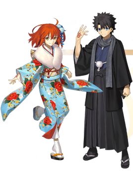 1boy 1girl ahoge back_bow belt black_bow black_hair black_haori black_pants black_sandals black_socks blue_eyes blue_kimono bow clenched_hand closed_mouth command_spell fate/grand_order fate_(series) floral_print fujimaru_ritsuka_(female) fujimaru_ritsuka_(female)_(ceremonial_new_year) fujimaru_ritsuka_(male) fujimaru_ritsuka_(male)_(ceremonial_new_year) full_body fur-trimmed_kimono fur_trim grey_scarf hair_between_eyes hair_ornament hakama hakama_pants hand_up haori japanese_clothes kimono long_sleeves looking_at_viewer non-web_source obi official_alternate_costume official_art one_side_up open_clothes pants pom_pom_(clothes) red_hair red_ribbon ribbon sandals sash scarf short_hair simple_background smile socks standing standing_on_one_leg tabi transparent_background white_socks wide_sleeves yellow_belt yellow_bow yellow_eyes yellow_sash