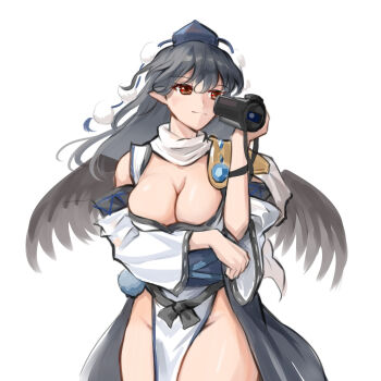 Rule 34 | 1girl, absurdres, arm under breasts, armor, black hair, blue hat, blue sash, breasts, camcorder, camera, cleavage, commentary, detached sleeves, edz drawz, english commentary, groin, hat, highres, holding, holding camera, iizunamaru megumu, japanese clothes, kimono, kourindou tengu costume, large breasts, no panties, obi, pauldrons, pelvic curtain, pointy ears, pom pom (clothes), red eyes, ribbon-trimmed sleeves, ribbon trim, sash, shoulder armor, side slit, simple background, single pauldron, solo, thighs, tokin hat, touhou, video camera, white background, white kimono