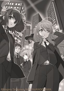 Rule 34 | 2boys, 3girls, arm up, artist name, asahina mikuru, belt, building, city, cityscape, commentary request, formal clothes, greyscale, hair ribbon, hairband, hat, ito noizi, jacket, koizumi itsuki, kyon, long hair, monochrome, multiple boys, multiple girls, nagato yuki, necktie, pants, ribbon, second-party source, short hair, skyscraper, sos brigade, suit, suzumiya haruhi, suzumiya haruhi no yuuutsu, tuxedo, vest, watermark