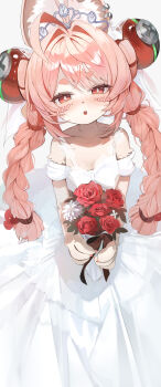 1girl absurdres alternate_costume animal_ear_fluff animal_ear_piercing animal_ears animal_ears_(norankkori) bouquet braid breasts bride commentary dress flower furry furry_female hair_ornament highres holding holding_bouquet long_hair looking_at_viewer open_mouth pink_fur pink_hair rabbit_ears rabbit_girl red_eyes red_flower red_rose rose simple_background small_breasts solo sphere_hair_ornament thick_eyebrows tiara twin_braids wedding_dress white_background white_dress zenless_zone_zero zhao_(zenless_zone_zero)