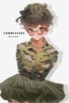 Rule 34 | 1girl, arms behind back, artist name, blush, breasts, camouflage, camouflage shirt, closed mouth, collarbone, commentary, commission, cowboy shot, english commentary, glasses, green shirt, green skirt, grey eyes, grey hair, highres, long sleeves, looking at viewer, miniskirt, original, shirt, short hair, simple background, skirt, smile, solo, white background, yukisaki mayui