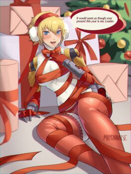 1girl aigis_(persona) android blonde_hair blue_eyes earmuffs highres holster looking_at_viewer mayonnaisenais3 panties persona persona_3 red_panties red_ribbon ribbon short_hair sitting smile solo thigh_holster underwear your_present_is_me