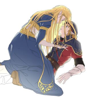 1boy 1girl assertive_female beret blonde_hair blue_dress blue_eyes blue_hat blue_tabard bridal_gauntlets brown_shoes commentary_request dress girl_on_top gloves gold_trim hand_on_another's_chest hat hetero highres korean_commentary layered_sleeves link long_dress long_hair looking_at_another low_ponytail medium_hair military_hat military_uniform mulsu_ww nintendo official_alternate_costume pants parted_bangs parted_lips pointy_ears ponytail princess_zelda royal_guard_set_(zelda) shoes tabard the_legend_of_zelda the_legend_of_zelda:_breath_of_the_wild tiara white_background white_gloves white_pants