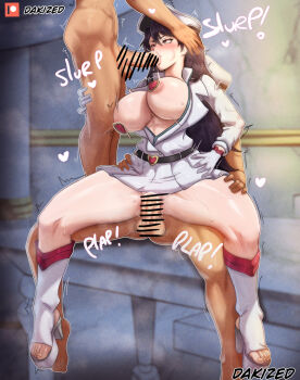 1girl 2boys areola_slip artist_name bambietta_basterbine bar_censor black_hair bleach bleach:_sennen_kessen-hen boots breasts breasts_out censored cum cum_in_mouth cum_in_pussy dakized ejaculation english_text fellatio gloves hat indoors knee_boots large_breasts long_hair military_hat multiple_boys nipple_pasties oral pussy shiny_skin sitting skirt spread_legs steam sternritter thighs vaginal