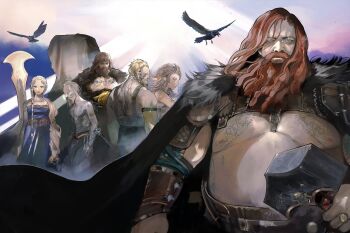 2girls 4boys arm_tattoo baldur_(god_of_war) bare_pectorals beard belly bird black_cape blue_eyes brother_and_sister brothers brown_hair cape crow facial_hair fat fat_man father_and_daughter father_and_son god_of_war god_of_war_ragnarok hammer highres holding holding_hammer ishida_sui long_beard long_hair long_sleeves looking_at_viewer magni_(god_of_war) male_focus mature_female modi_(god_of_war) mother_and_daughter mother_and_son multiple_boys multiple_girls muscular muscular_male mustache nipples pectorals short_hair siblings sif_(god_of_war) tattoo thor_(god_of_war) thrud_(god_of_war) upper_body
