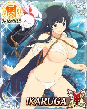 1girl :o armband between_breasts bikini black_hair blue_eyes border bouncing_breasts breasts card_(medium) character_name cleavage day exercising game_cg groin harness hime_cut ikaruga_(senran_kagura) large_breasts long_hair navel ninto_(senran_kagura) official_alternate_costume official_art outdoors rabbit river senran_kagura senran_kagura_new_wave skindentation solo spare_tire strap_between_breasts surprised swimsuit third-party_source training tripping unused_tire very_long_hair wardrobe_malfunction white_armband white_bikini