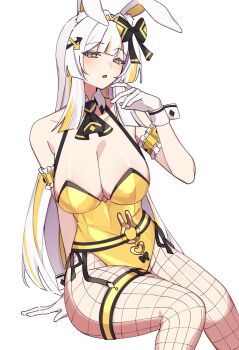 Rule 34 | 1girl, absurdres, animal ears, arm garter, ascot, bare shoulders, black ascot, black survival, bow, breasts, cleavage, detached collar, eternal return: black survival, feet out of frame, fishnet pantyhose, fishnets, frills, garter straps, gloves, hair bow, hair intakes, halterneck, hand up, highleg, highleg leotard, highres, large breasts, leotard, long hair, looking at viewer, minami rio, minami rio (winning shot), multicolored hair, official alternate costume, open mouth, pantyhose, playboy bunny, rabbit ears, side-tie leotard, simple background, sitting, solo, spaghetti strap, streaked hair, taenyaki, thigh strap, thighs, very long hair, white background, white gloves, white hair, wrist cuffs, yellow eyes, yellow leotard