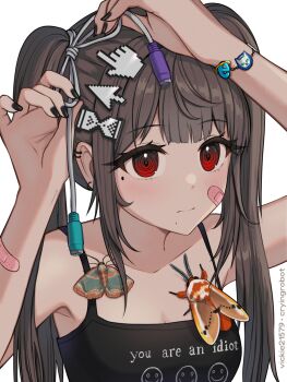 1girl armpit_peek artist_name bandaid bandaid_on_arm bandaid_on_face black_nails blunt_bangs brown_hair bug butterfly cable closed_mouth collarbone ear_piercing english_text fingernails highres insect internet_explorer looking_away mole mole_under_eye moth mouse_icon_hair_ornament nail_polish napster original piercing red_eyes sleeveless solo twintails upper_body vickie_(cryingrobot) vickie_(cryingrobot)_(character)