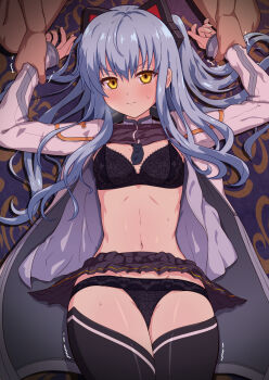 1boy 1girl black_bra black_panties black_shirt black_skirt black_thighhighs blue_hair bra breasts closed_mouth clothes_lift commentary_request commission eiyuu_densetsu highres holding_another&#039;s_wrist jacket large_variant_set long_hair long_sleeves looking_at_viewer lying miniskirt missionary mumyou_ishi navel on_back panties pinned pleated_skirt shirt shirt_lift skeb_commission skirt small_breasts textless_version thighhighs tio_plato underwear v-shaped_eyebrows variant_set white_jacket yellow_eyes zero_no_kiseki