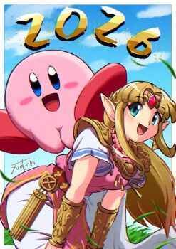 1girl armor artist_name blonde_hair blue_eyes blue_sky circlet commentary_request curtained_hair dress earrings gold_bracer grass hands_on_own_knees highres jewelry kirby kirby_(series) leaning_forward long_hair nintendo open_mouth pointy_ears princess_zelda shoulder_armor sidelocks sky smile super_smash_bros. the_legend_of_zelda you_bird