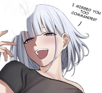 1boy 1girl black_shirt blush commander_(girls'_frontline) commentary english_commentary english_text girls'_frontline grey_hair looking_at_another matsu_arts medium_hair open_mouth purple_eyes rpk-16_(girls'_frontline) shirt smile upper_body white_background