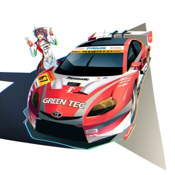 1girl animal_ears blue_hair brown_hair car daitaku_helios_(umamusume) double_v ear_covers facial_tattoo hair_between_eyes hair_ornament hairclip highres horse_ears horse_girl horse_tail long_hair looking_at_viewer motor_vehicle multicolored_hair open_mouth racing_suit side_ponytail smile solo star_(symbol) star_hair_ornament streaked_hair tail tattoo toyeeta_prius toyota umamusume v white_racing_suit yellow_eyes