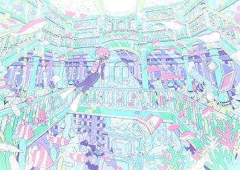 1girl black_bodysuit bodysuit chair diving_mask diving_regulator diving_suit dolphin door fish flippers floating goggles hebitsukai highres indoors octopus original pink_hair ponytail scuba scuba_gear scuba_tank solo turtle underwater wide_shot