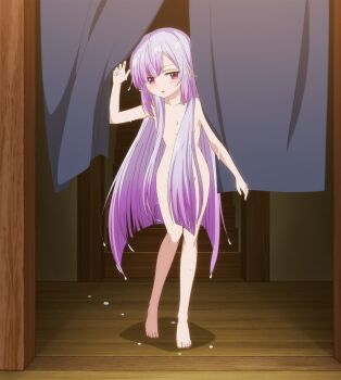 1girl anime_screenshot atelier_(tsuihousha_shokudou_e_youkoso!) blush breasts completely_nude convenient_censoring hair_censor highres loli long_hair nude pink_eyes purple_hair small_breasts stitched third-party_edit tsuihousha_shokudou_e_youkoso! wet