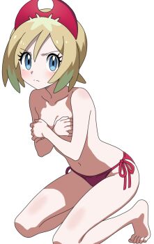 1girl barefoot bikini bikini_bottom_only blonde_hair blue_eyes breasts closed_mouth collarbone commentary covering_breasts covering_privates eyelashes hair_between_eyes hairband highres irida_(pokemon) kneeling mnkr98 navel nintendo pokemon pokemon_legends:_arceus red_bikini red_hairband short_hair side-tie_bikini_bottom simple_background solo split_mouth swimsuit toes topless_female white_background