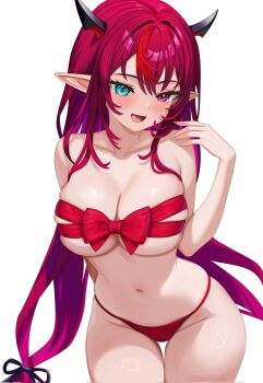 1girl :d arm_behind_back blue_eyes breasts commentary corrupted_twitter_file cowboy_shot double-parted_bangs english_commentary hair_between_eyes hair_ribbon hand_up heterochromia highres hololive hololive_english horns irys_(hololive) large_breasts long_hair looking_at_viewer low-tied_long_hair mafukkoin navel open_mouth panties pointy_ears purple_eyes purple_hair red_panties ribbon ribbon_as_bra sidelocks simple_background smile solo stomach thigh_gap underwear very_long_hair virtual_youtuber white_background