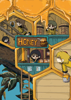 5girls :q absurdres antennae arthropod_girl barrel bee_girl beehive black_hair blonde_hair blush_stickers brown_hair flying highres honey insect_girl insect_wings jar kishimen_udn ladder low_ponytail mini_person minigirl multiple_girls open_mouth original ponytail profile short_hair smile stairs stinger tongue tongue_out tree wings