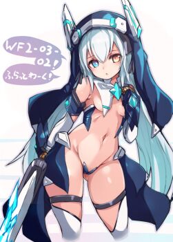 1girl :o blue_eyes blush breast_curtains breasts bright_pupils cowboy_shot holding holding_sword holding_weapon karukan_(monjya) long_hair maebari navel original revealing_clothes simple_background small_breasts solo sword thighhighs very_long_hair weapon white_background white_pupils white_thighhighs yellow_eyes