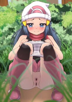 1girl absurdres ass bar_censor bare_shoulders beanie blue_eyes blue_hair blush boots censored cleft_of_venus closed_mouth clothes_lift dawn_(pokemon) female_focus hat have_to_pee highres long_hair miniskirt nintendo outdoors panties panty_pull pink_boots pink_skirt pokemon pokemon_dppt pussy red_scarf scarf skirt skirt_lift solo squatting umatoriinnnu underwear white_panties