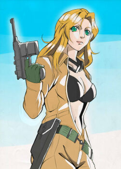 bikini bikini_under_clothes blonde_hair breasts eva_(metal_gear) female_focus gun handgun highres jacket large_breasts mauser_c96 metal_gear_(series) metal_gear_solid_3:_snake_eater monokuro_rabbit open_clothes open_jacket pistol shansi_type_17 solo swimsuit weapon