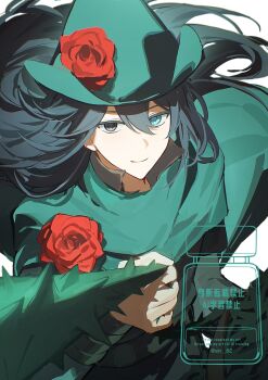 Rule 34 | 1boy, :d, black eyes, black hair, blue eyes, brown tunic, cape, cloak, e.g.o (project moon), english text, floating hair, flower, green cape, green cloak, green hat, green poncho, hair between eyes, hat, hat flower, heterochromia, high collar, highres, holding, holding lasso, holding rope, hong lu (project moon), horseback riding, lasso, lasso (e.g.o), limbus company, long hair, looking at viewer, male focus, numbered, open mouth, ponytail, project moon, red flower, red rose, riding, rope, rose, simple background, sin 82, smile, translated, tunic, twitter username, upper body, watermark, white background