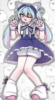 Rule 34 | 1girl, absurdres, alternate costume, alternate hairstyle, animal ears, animal hands, aqua hair, bloomers, cat ears, cat paws, commentary request, eyepatch, fake animal ears, fingerless gloves, gloves, haguuu18, highres, knees together feet apart, korean commentary, last origin, looking at viewer, loose socks, lrl (last origin), maid, maid headdress, pomeranian (dog), ribbon, socks, solo, standing, twintails, underwear, white bloomers, yellow eyes