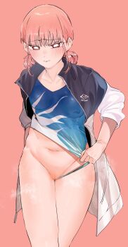 Rule 34 | 1girl, absurdres, ao no hako, athletic leotard, blue leotard, blush, breasts, censored, chouno hina, clothing aside, collarbone, double bun, gymnastics, hair bun, highres, jacket, leotard, leotard aside, mosaic censoring, multicolored clothes, multicolored leotard, navel, niho12261, open clothes, open jacket, pink eyes, pink hair, pussy, rhythmic gymnastics, small breasts, stomach, thighs, white leotard