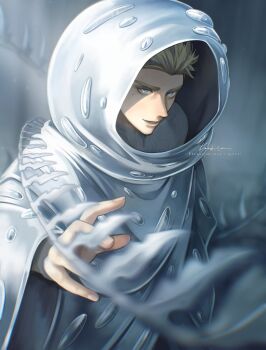 1boy arm_up blonde_hair blue_eyes commentary english_commentary highres hood hood_up hooded_robe kookirani looking_at_viewer male_focus millions_knives outstretched_arm parted_lips robe short_hair signature smile solo spines trigun trigun_stampede upper_body white_robe