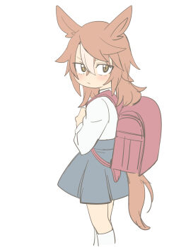 Rule 34 | 1girl, aged down, animal ears, backpack, bag, blue skirt, brown eyes, brown hair, closed mouth, commentary request, dicta striker (umamusume), from side, hair between eyes, highres, ho 1000 ka, horse ears, horse girl, horse tail, kneehighs, long sleeves, multicolored hair, pleated skirt, randoseru, shirt, simple background, skirt, socks, solo, streaked hair, tail, umamusume, umamusume: cinderella gray, v-shaped eyebrows, white background, white hair, white shirt, white socks