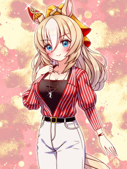 Rule 34 | 1girl, animal ears, belt, black belt, black shirt, blonde hair, blue eyes, blush, breasts, casual, cleavage, closed mouth, collarbone, commentary request, durandal (casual) (umamusume), durandal (umamusume), ear covers, hair between eyes, highres, horse ears, horse girl, horse tail, jewelry, large breasts, long hair, looking at viewer, multicolored hair, necklace, pants, red shirt, shirt, single ear cover, smile, solo, striped clothes, striped shirt, sugimotty nova, tail, umamusume, vertical-striped clothes, vertical-striped shirt, watch, white hair, white pants, wristwatch