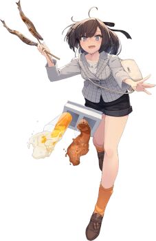 1girl ahoge akizuki_(kancolle) akizuki_(saury_festival)_(kancolle) bag black_hair blush drink fish grey_eyes grey_jacket jacket kantai_collection orange_socks shizuma_yoshinori shoes short_hair socks spill transparent_background