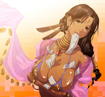 1girl arabian_clothes belly_dancer bikini bindi bracelet breast_hold breasts brown_hair cleavage covered_erect_nipples dancer dancer_(ragnarok_online) dark-skinned_female dark_skin earrings feathers female_focus gem gypsy hoop_earrings huge_breasts indian jewelry lots_of_jewelry money mouth_hold mr.romance necklace ragnarok_online revealing_clothes shawl shiny_skin solo sweat swimsuit tucked_money