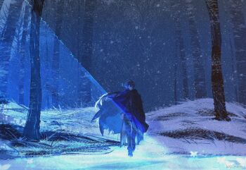 1boy bare_tree black_cape blue_theme cape commentary_request flins_(genshin_impact) floating_hair full_body genshin_impact highres long_hair male_focus outdoors pants shoes snow snowing solo tree uwazumi_yodomi very_long_hair walking