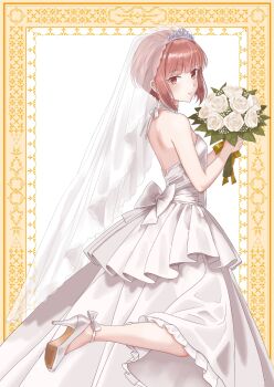 1girl alternate_costume bonta_(0607) bouquet breasts bridal_veil bride brown_eyes brown_hair commentary_request dress flower high_heels highres holding holding_bouquet kantai_collection rose short_hair sleeveless sleeveless_dress small_breasts smile solo veil white_dress white_flower white_rose z3_max_schultz_(kancolle)