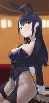 1girl absurdres animal_ear_hairband animal_ears arm_support black_bow black_bowtie black_hair black_jacket black_leotard black_pantyhose bow bowtie breasts cleavage detached_collar fake_animal_ears fake_tail from_side hairband hashtag-only_commentary highres izayoi_arisa jacket leotard long_hair looking_at_viewer nmm pantyhose playboy_bunny rabbit_ear_hairband rabbit_ears rabbit_tail shiny_pantyhose solo sono_bisque_doll_wa_koi_wo_suru tail tailcoat_playboy_bunny thigh_strap