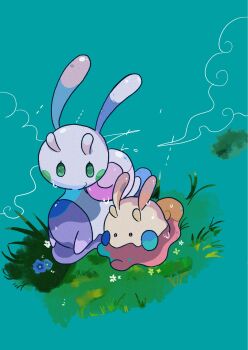 alternate_color animal_focus gen_6_pokemon goomy grass green_eyes highres mendako_(tyatyaumai29) nintendo no_humans pokemon pokemon_(creature) pokemon_focus rain shell shiny_pokemon sliggoo slug solid_circle_eyes