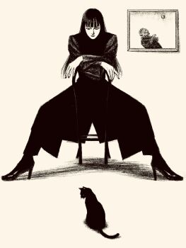 1girl animal black_background black_dress black_hair black_outline cat dress greyscale high_heels highres long_hair looking_at_viewer monochrome original outline picture_frame solo spread_legs tp_p_pt