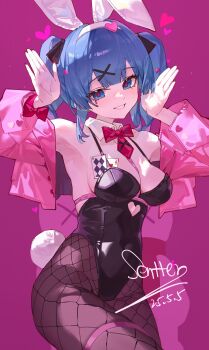 1girl absurdres ace_(playing_card) ace_of_hearts animal_ears armpits black_leotard blue_eyes blue_hair breasts card clothing_cutout commentary cutout_above_navel detached_collar fake_animal_ears fishnet_pantyhose fishnets hair_ornament hatsune_miku heart heart_cutout highres jacket leotard long_hair looking_at_viewer object_in_bra pantyhose pink_background pink_jacket pink_pupils playboy_bunny playing_card rabbit_ears rabbit_hole_(vocaloid) sentter simple_background solo symbol-only_commentary teardrop_facial_mark thighs twintails vocaloid x_hair_ornament