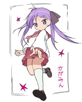 1girl black_bow bow hair_bow hiiragi_kagami long_hair lucky_star midriff_peek neckerchief pink_neckerchief pleated_skirt purple_eyes purple_hair red_sailor_collar ryouou_school_uniform sailor_collar school_uniform serafuku skirt socks star_(symbol) tsurime turron3215 twintails white_background white_socks