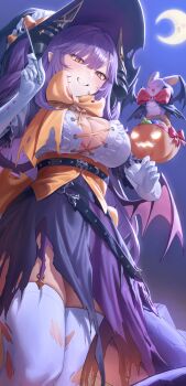 1girl absurdres belt black_belt breasts cleavage clenched_teeth crescent_moon dragon_girl dragon_tail elbow_gloves from_below gloves hat highres jeong_jje large_breasts long_hair looking_at_viewer moon outdoors pointy_ears purple_hair purple_skirt sakihane_huya skirt smile solo standing stellive tail teeth thighhighs torn_clothes torn_thighhighs virtual_youtuber white_gloves white_thighhighs witch_hat